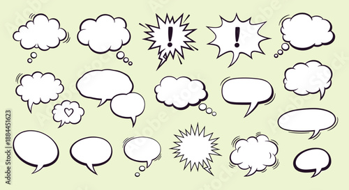 Collection of blank comic style speech bubbles and thought clouds with exclamation marks and heart symbols.