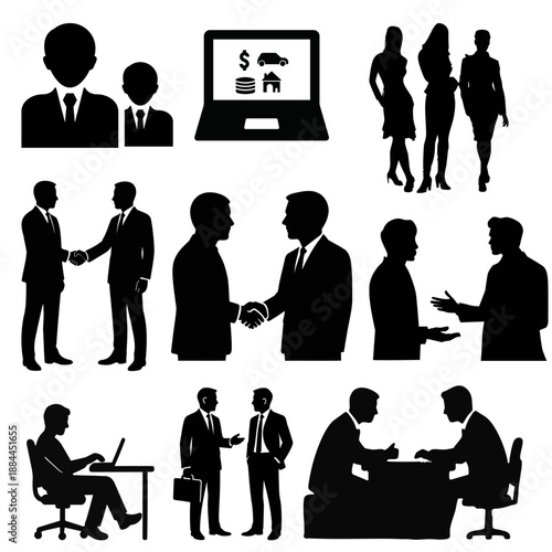 Collection of diverse silhouette icons representing various business interactions including handshakes meetings and financial planning on transparent background