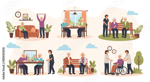 Various scenes of seniors in a nursing home participating in activities with caregivers like dining and exercise.