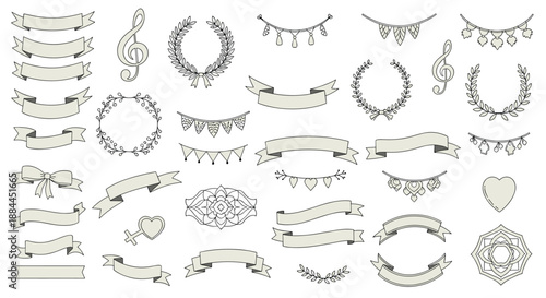 Set of decorative vintage design elements including wreaths, banners, ribbons, and musical clef symbols.