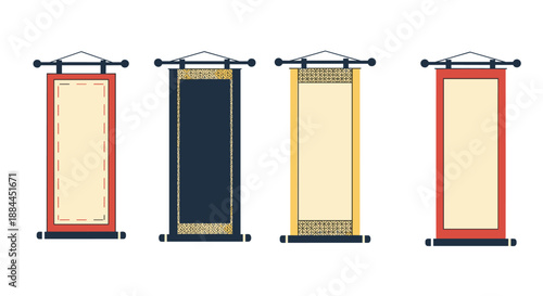 Assortment of traditional Japanese hanging scrolls with blank centers and decorative borders in various styles.