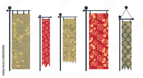Selection of traditional vertical Japanese banners featuring intricate red and gold floral and wave patterns.