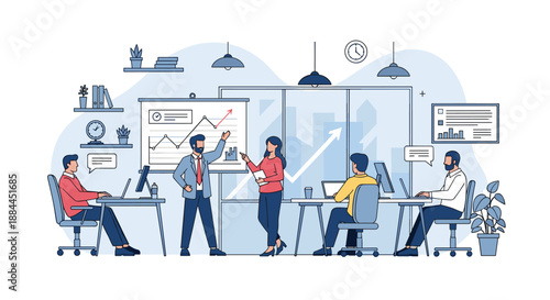 Business professionals collaborating in a modern office during a presentation with charts and digital devices.