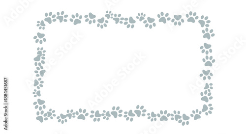 Rectangular border frame made of many small grey animal paw prints on a white background for pet designs.