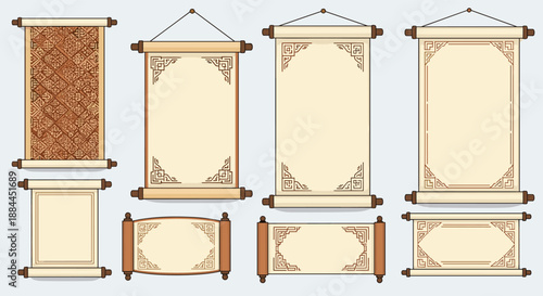 Collection of traditional Japanese scrolls and banners with ornate borders and patterns in neutral earth tones.