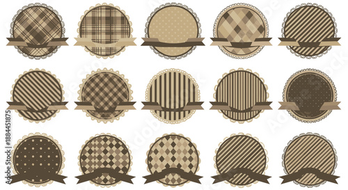 Set of vintage circular labels with various plaid and striped patterns featuring decorative ribbons and lace borders for craft and scrapbooking.