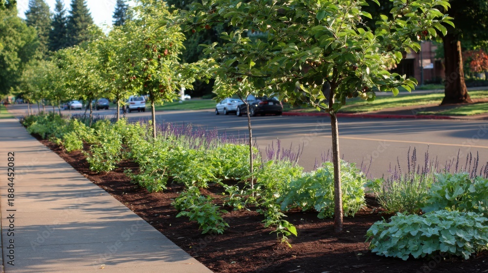 Obraz premium Beautifully Landscaped Edible Garden With Fruit Bearing Shrubs And Trees Along A Suburban Street