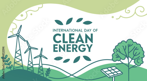 Clean energy international day graphic with windmill and solar panel. 