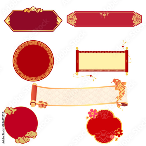 Collection of ornate red and gold chinese new year frame banners scrolls and decorative title borders for festive designs on transparent background
