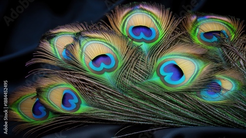 A close up view of a stack of shimmering iridescent peacock feathers with vibrant blue and green eyespots