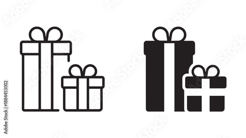 Two sets of gift boxes in outline and filled style on transparent background silhouette