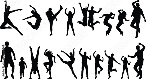 Dynamic people silhouettes showing men women and children jumping dancing and exercising together, energetic fitness lifestyle collection, black vector illustration isolated on white background