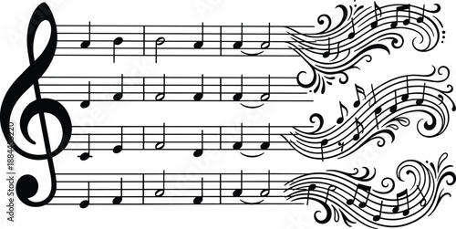 Elegant musical staff illustration with treble clef and flowing notes isolated on white background, classical music concept design for education posters branding and creative projects