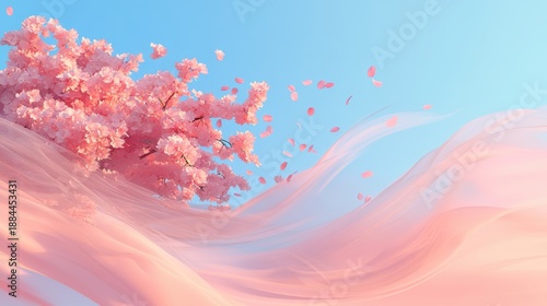 A cherry blossom tree in full bloom petals drifting in the wind.