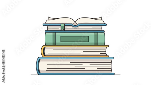 Stack of hardcover books with one open book on top isolated on white background.