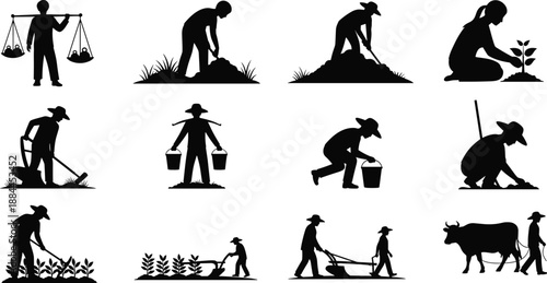 Farmer and agriculture silhouette icon set featuring planting digging carrying water and rural work activities, black vector farming collection for countryside life, cultivation, and design projects