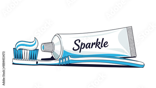 Toothbrush with blue bristles and toothpaste tube labeled Sparkle.