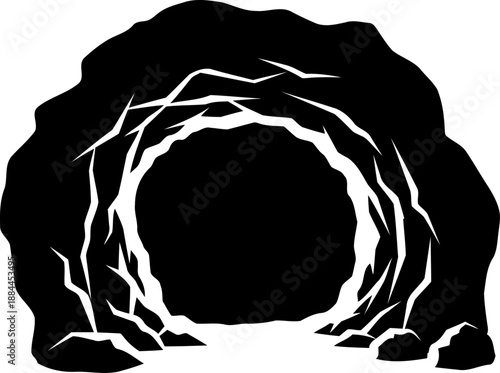 Circular cave opening with textured rocky interior walls silhouette vector