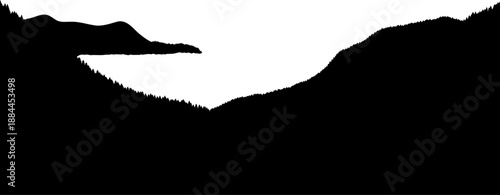 Coastal mountain landscape with pine forest and water silhouette vector