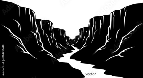 Deep canyon with winding river stream silhouette vector