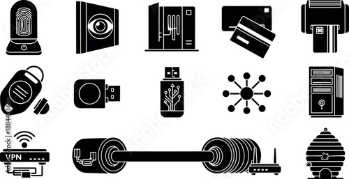 Flat design close up set of black security and technology icons showing fingerprint scanner camera server credit card usb network cable