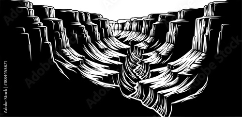 Deep river canyon with steep rocky cliffs silhouette vector graphic