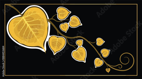 Golden bodhi leaf branch on black background, luxury pipal leaves vector illustration, sacred fig foliage for diwali and spiritual design
