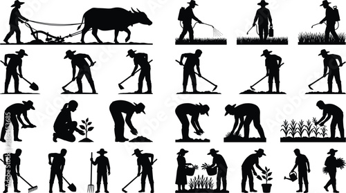 Farmer and agriculture worker silhouettes showing plowing planting watering and harvesting activities isolated on white background, rural farming lifestyle illustration set for design and education