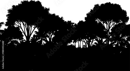Dense forest canopy with various deciduous tree shapes silhouette vector