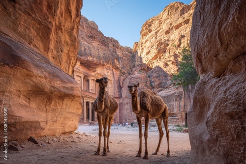 Desert silhouettes: camels and the Treasury facade in Petra, Jordan