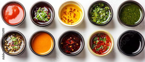 Bright dishes with sauces and spices in black bowls showcase culinary diversity, serving as an appetising backdrop for food blogs or restaurant menus.