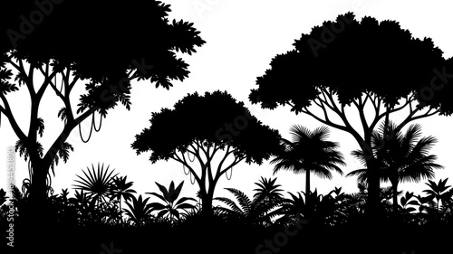 Dense tropical jungle forest silhouette with trees and vines vector