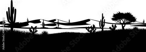 Desert landscape with saguaro cacti and sand dunes silhouette vector