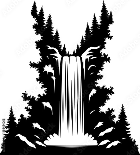 Forest waterfall with pine trees and splashing water silhouette vector