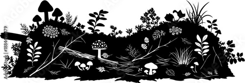 Forest floor vegetation with mushrooms and ferns silhouette vector