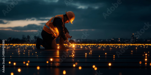 Energy transition investment trends in renewable energy industrial rooftop professional worker evening environment