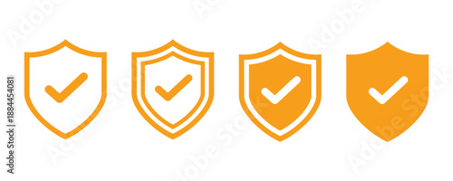 Four orange shield icons with check marks isolated on transparent background
