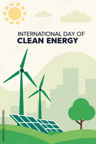 Clean energy illustration showing a wind turbine, solar panel and cityscape for sustainable power