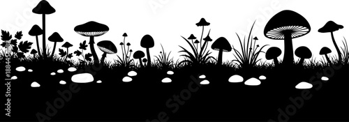Forest floor mushroom and grass silhouette panorama vector