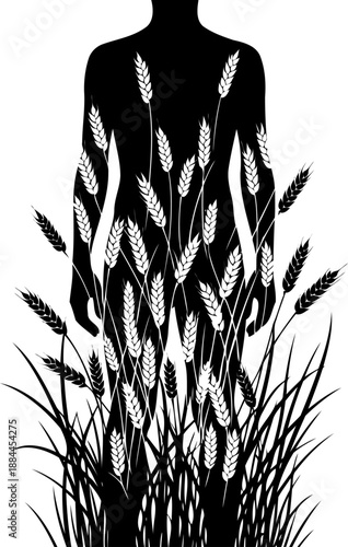 Human figure silhouette integrated with stalks of ripe wheat vector
