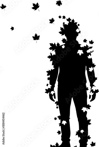 Man standing with falling autumn maple leaves silhouette vector
