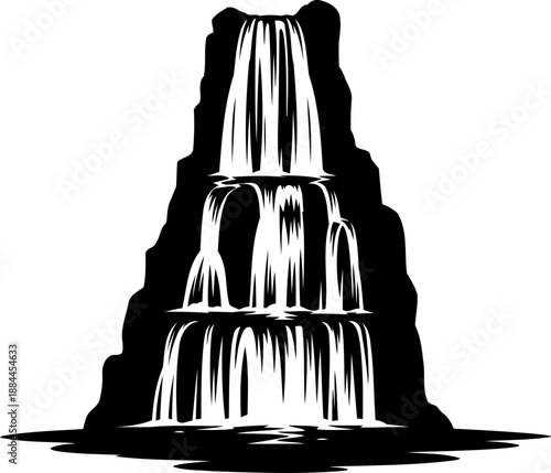 Multi-tiered waterfall cascading down rocks silhouette vector