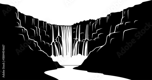 Panoramic waterfall flowing between canyon walls silhouette vector