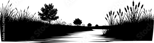 River landscape with cattails trees and distant hills silhouette vector