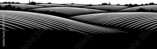 Rolling farmland hills and agricultural landscape silhouette vector