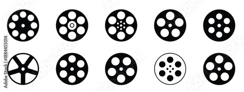 Film reel icon set featuring black vintage movie reels, old retro reels with film strips, perfect for cinema, filmmaking, video production, media design, and vector illustration projects.