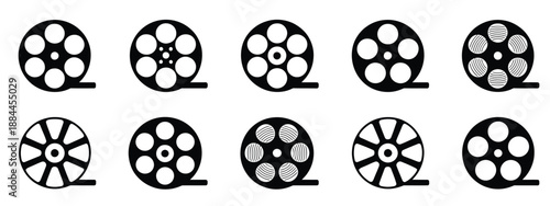 Black film reel icon set with old retro movie reels and film strips, ideal for video production, cinema design, film festivals, movie posters, and vector illustration use.