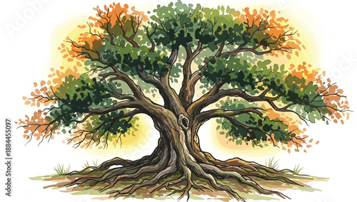 Illustrative watercolor of a majestic old oak tree with green and orange autumn leaves, deep roots, and a hollow trunk