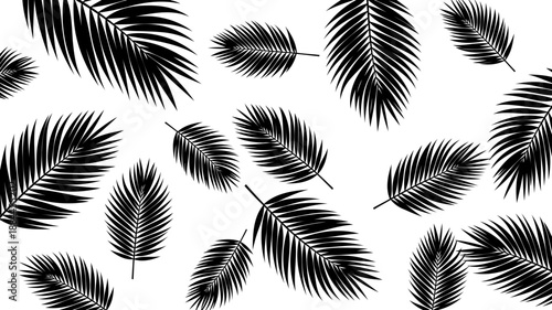 Tropical palm fronds and leaves in a scattered pattern silhouette vector