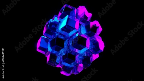 Neon Geometric Cube Cluster Floating on Dark Background With Glowing Purple Blue Lighting
